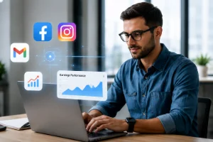 Marketer reviewing campaign performance across search and social channels