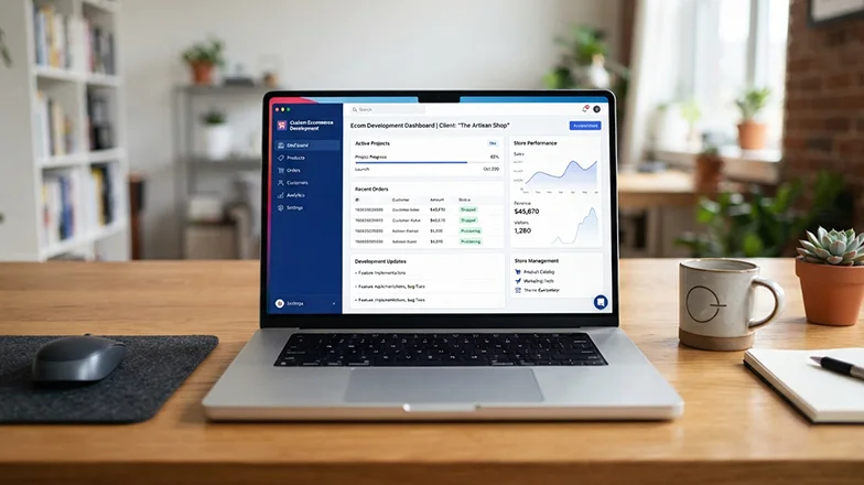 Custom ecommerce development dashboard on a laptop
