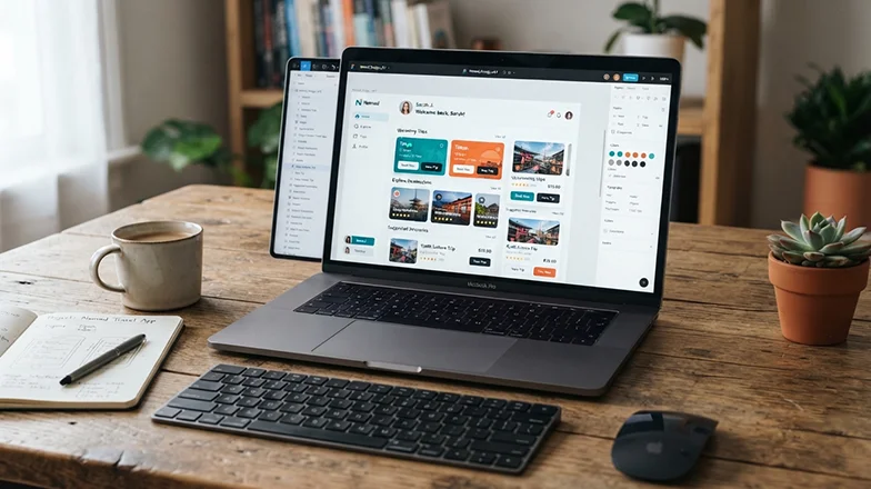 UI/UX design workspace with interface wireframes